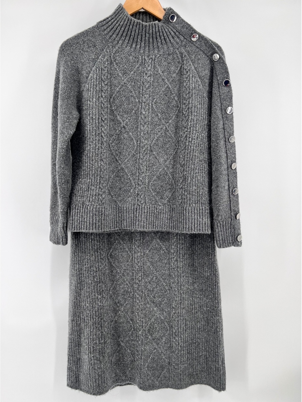 Talbots Petite Cable Knit Wool Blend Sweater & Midi Skirt Set Gray SP Academia